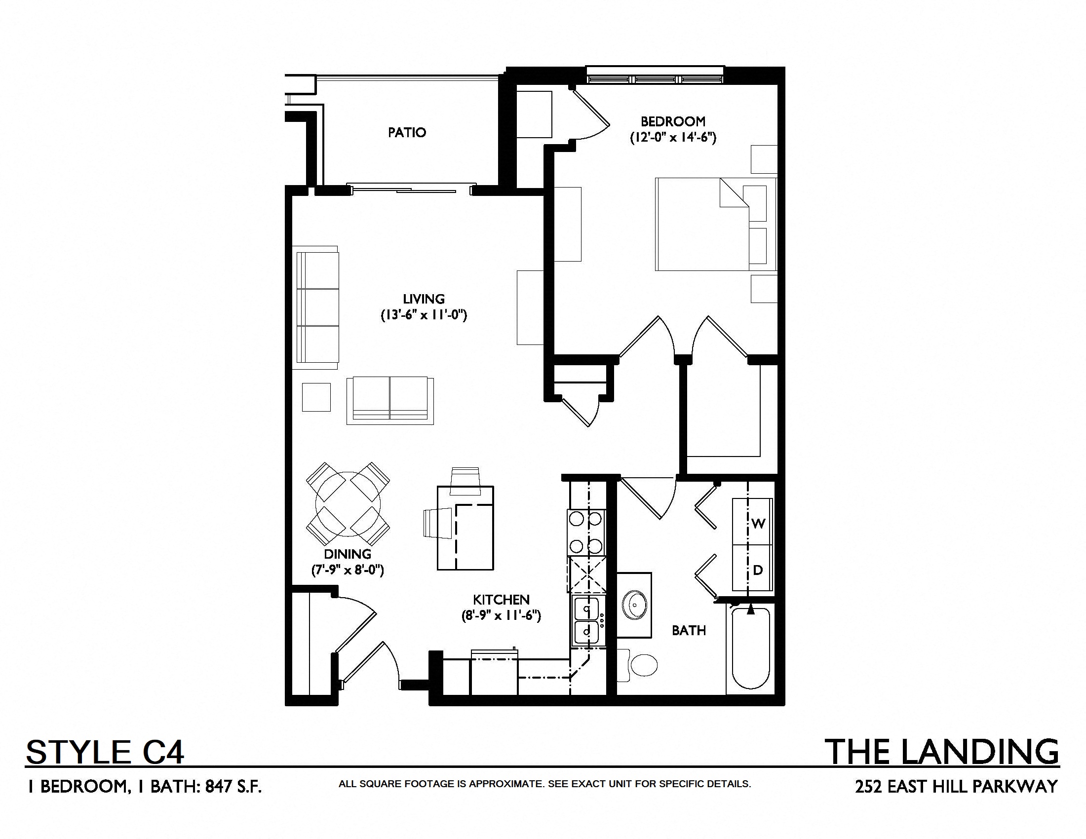 Floor plan for 1 bed, 1 bath, 847 sqft